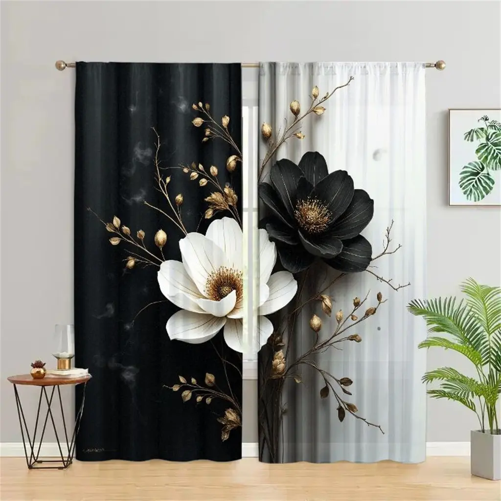 2 pieces, black and white flower Window Curtains, Window Drapes, modern golden branch pattern, rod bag design, translucent polyester fiber, suitable for home decor and Christmas decoration