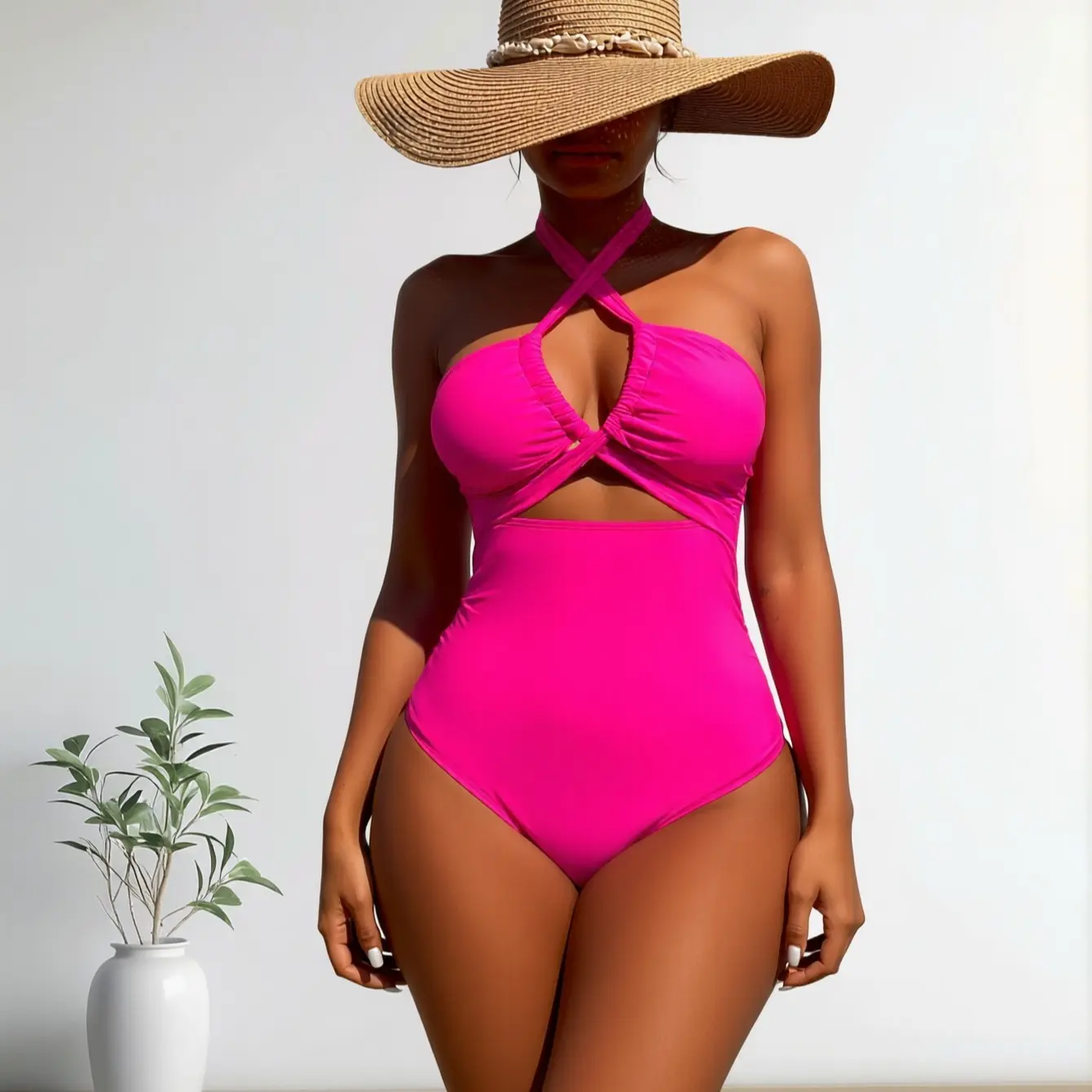 PEAKGOO 2026 New High-Waisted Solid Color 1-Piece Swimwear - Sexy Halter Neck Design for Flattering Silhouette, Halter Bathing Suit, High Waist Swimwear, Neon Swimsuit, High Waist Swimwsuit