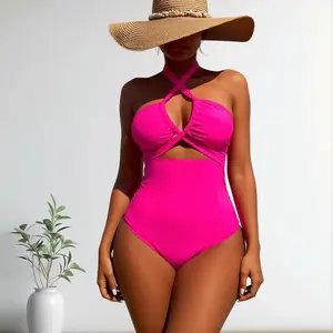 PEAKGOO 2026 New High-Waisted Solid Color 1-Piece Swimwear - Sexy Halter Neck Design for Flattering Silhouette, Halter Bathing Suit, High Waist Swimwear, Neon Swimsuit, High Waist Swimwsuit