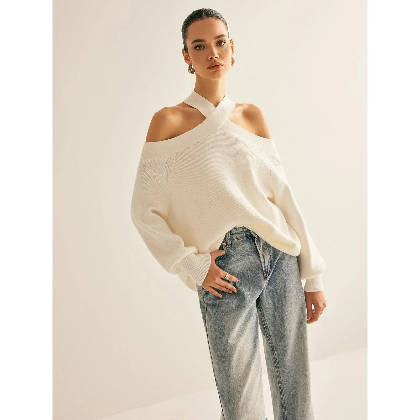 Cross-Over Collar Cold-Shoulder Sweater