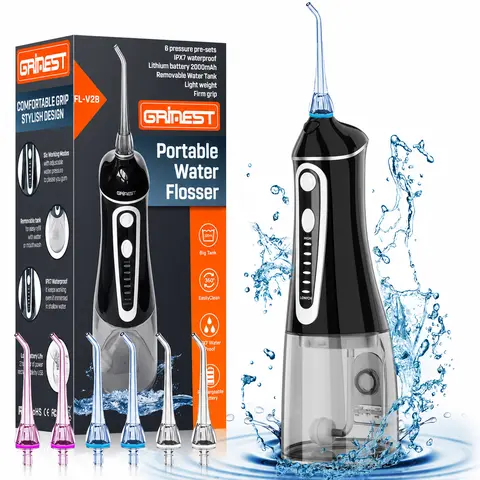 Grinest Cordless Oral Care Cleaner Water Flosser Pick - 7 Modes, Adjustable Pressure, Rechargeable, IPX7 Rated Waterproof, 320ml Capacity, 360° Rotatable Nozzle, Dental Braces Tool for Teeth Cleaning at Home & Portable Travel Use