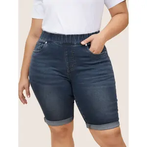 Curled elastic waist dark washed denim shorts 2 Easter Mother's Day spring break gifts(Sheet)
