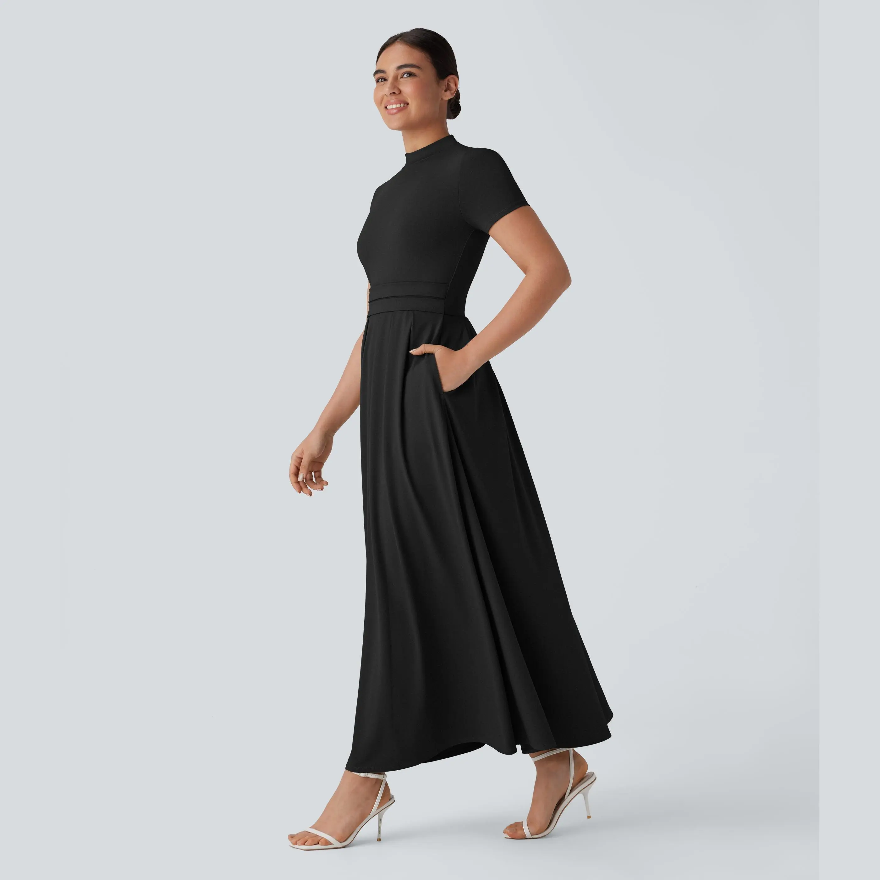 Halara Stand Collar Short Sleeve Side Pocket Flare Maxi Casual Dress