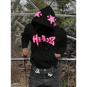 Black Hoodie With Pink "HEROZ" Graphic And Star Prints Streetwear Y2K Aesthetic Hooded Sweatshirt For Casual Daily Wear TikTok TrendingGift