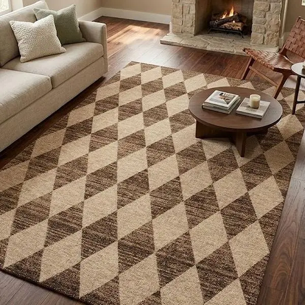 Wool Flat Weave TPR Backing Machine Washable Rectangular Rug | Water Repellent Non Slip | Transitional Argyle Carpet for Living Room