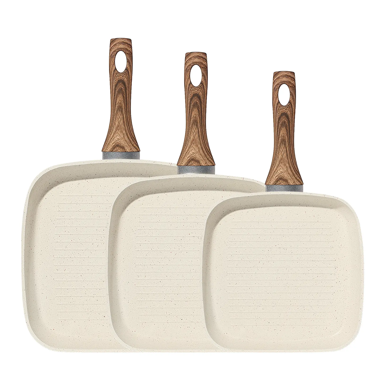 3-Piece Square Nonstick Grill Pans Set, 9.5" 10" 11" PFOA-Free Cookware Skillets with Stay-Cool Handles, Compatible with All Stovetops for Indoor & Outdoor RV Camping