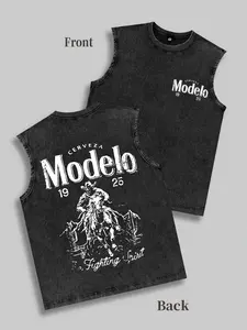 Men's Washed Denim Cerveza Modelo Beer Vest - Sleeveless Menswear Clothes, Cowboy Style Classic Denim Vests with Equestrian Cultural Aesthetics, Tough Spirit Design for Retro Western Enthusiasts