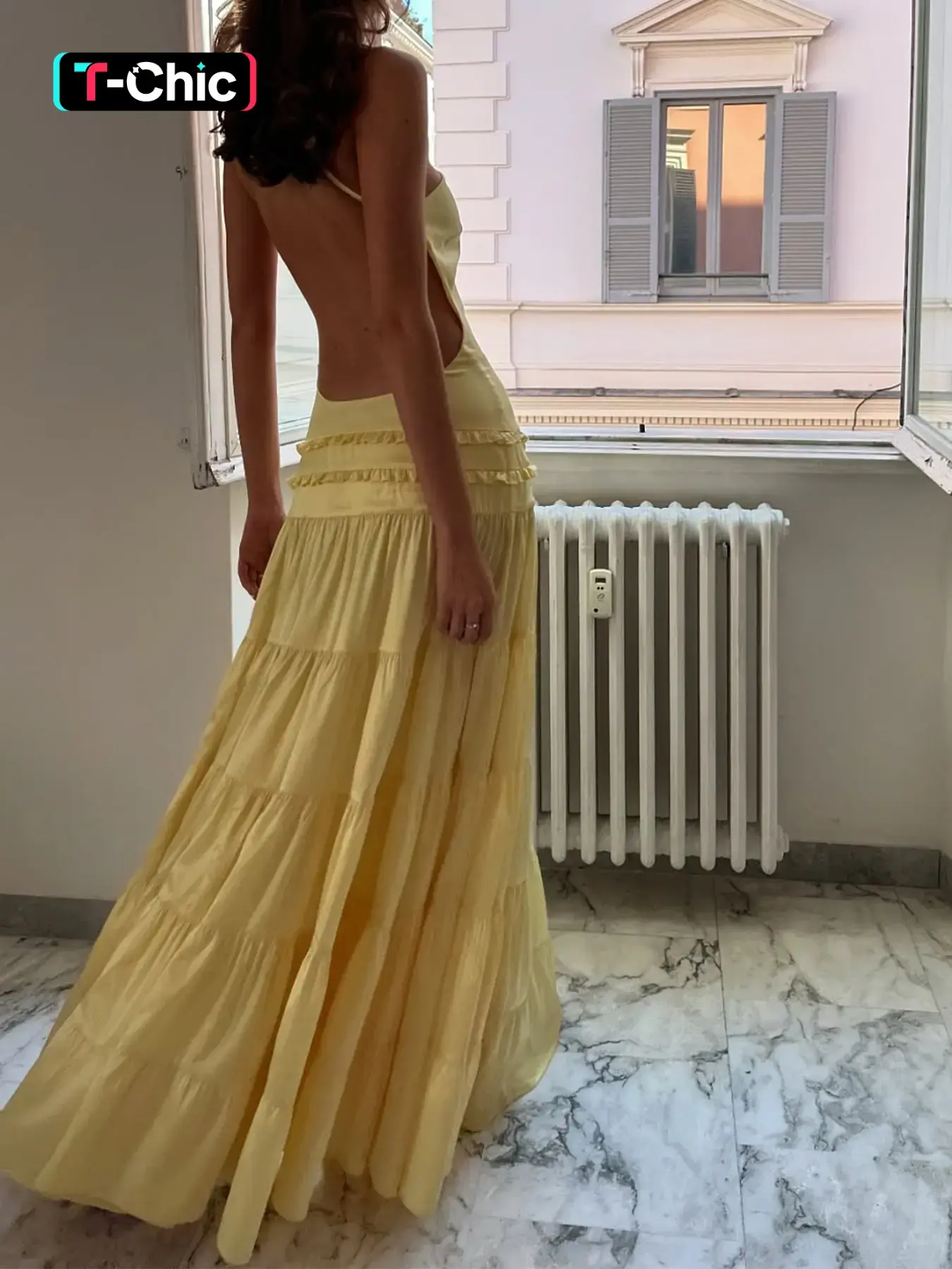 Women's Autumn Fashion Sleeveless Cream Shiny Dress, Birthday Party, Dance Party, Evening, Formal, Romantic, Sexy, Elegant, Aesthetic, Strappy Backless, Layered Cake, Long Train