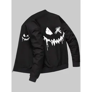 Men's Outerwear Sports Casual Jacket Halloween Spooky Smiley Face Unique Print Spring/Fall Zipper Cardigan Baseball Collar Jacket with Pockets Top for Daily Outings and Holiday Wear