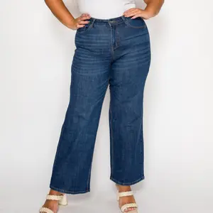 PREJEAN Women’s High Waist Wide Leg Stretch Jeans – Dark Blue | Casual Long Denim Pants for All Seasons