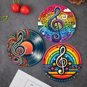 Music Note Pattern Coaster, Wooden Coasters, 6 Counts/set Round Heat Resistant Non-slip Placemat, Decorative Coaster for Home Kitchen Dining Room Kitchenware