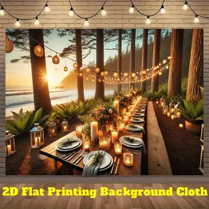 2D Flat, 1pc Enchanting Forest Evening Dinner Polyester Backdrop Banner - Serene Beach & Sunset Scene with String Lights, Lanterns, and Floral Table Setting for Indoor/Outdoor Party Decor, Photo Background, and Live Event Decoration, Beach Theme Decor