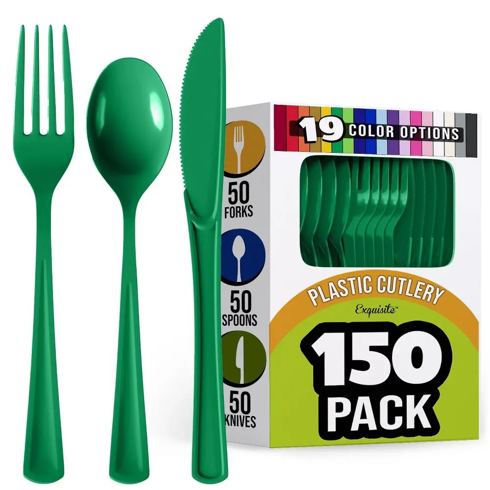 Exquisite Emerald Green Plastic Utensil Cutlery Set Forks Spoons Knives- 150 Pack, Heavy Duty, Disposable