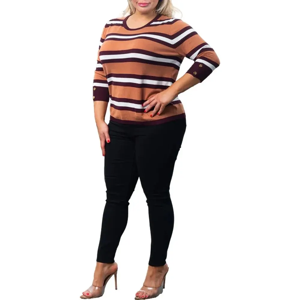 Plus Size Striped Knit Sweater with Long Sleeves & Gold Button Accents