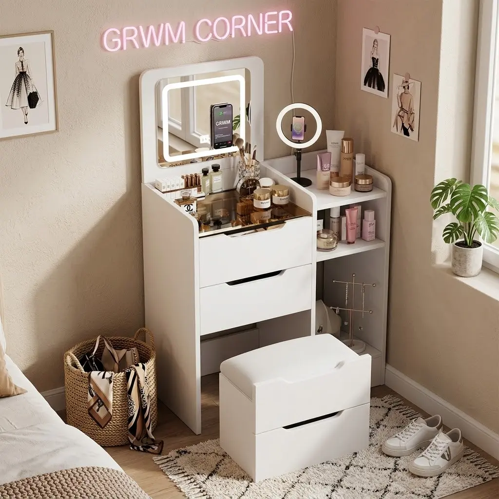 White 48cm 3-in-1 Makeup Vanity Desk with Flip-Top Mirror, Visible Glass Desktop, 3 Drawers, Compact Dressing Table for Bedroom