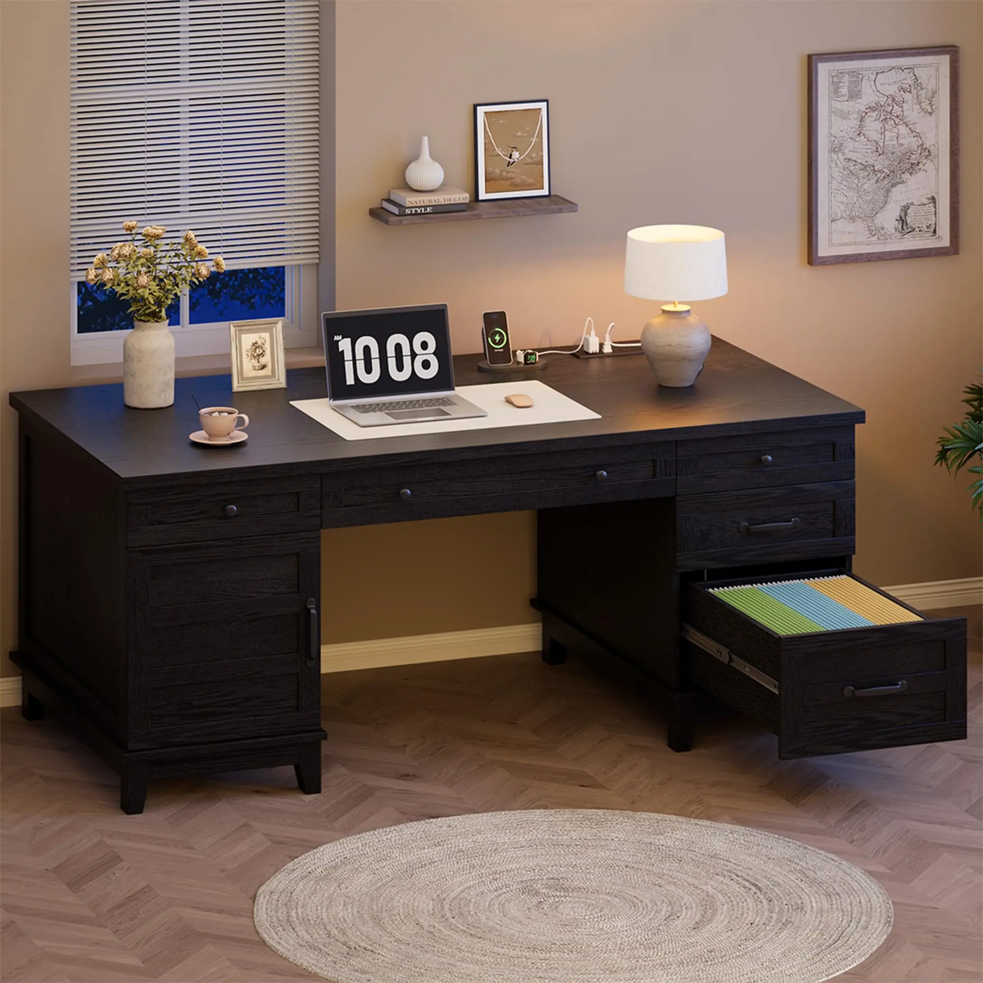 Garvee 60-in Rustic Farmhouse Executive Desk - Sturdy & Comfortable Office Furniture with 5 Drawers, File Drawer, Charging Station, USB Ports, Cabinet Storage, 400 lbs Capacity for Home Office Study Setup (Rustic Black, Walnut Brown, White Walnut)