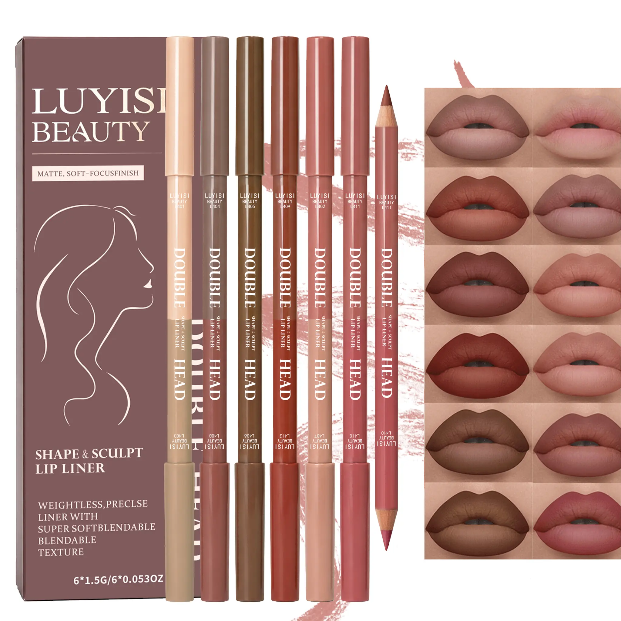 6Pcs Dual-Ended Soft Matte Lip Liner Set | Double Head Lip Sculpting Pencil Pack | Weightless Blendable Nude Brown Contour Kit