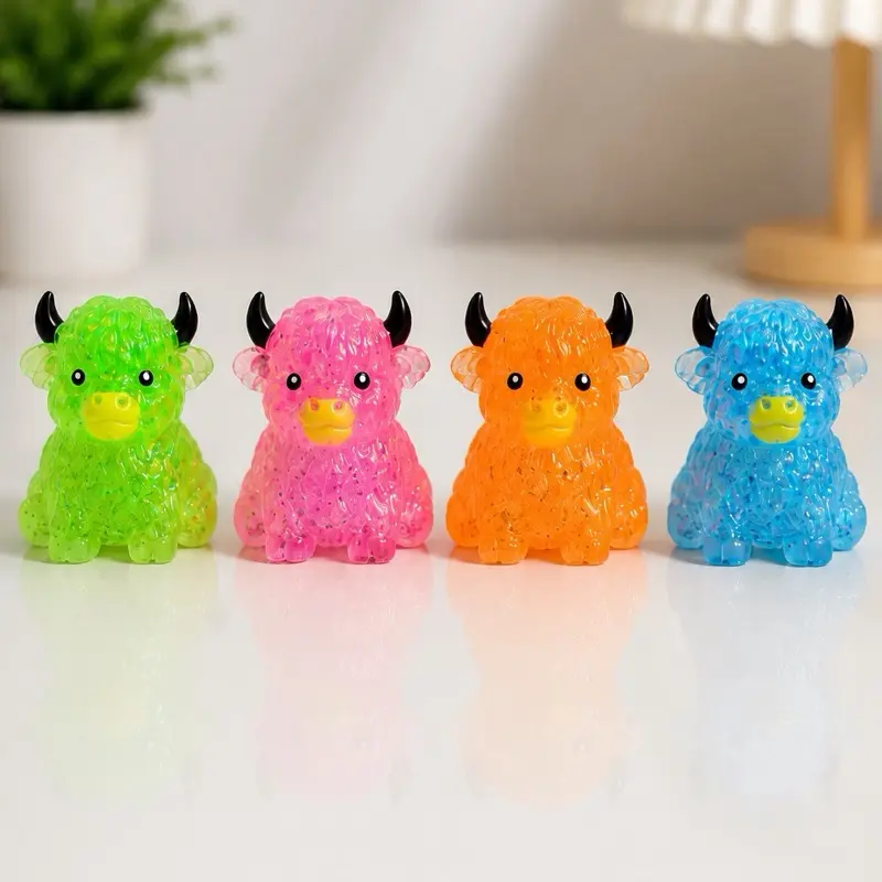 3-Pack Mixed Color Highland Cow Glitter Squishy Toy - Hand Fidget, Sensory Stress Reliever, Anxiety Relief Product, Decompression Squeeze Stress Relief Gadget for Kids, Classic Novelty Toy
