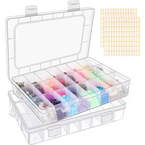 2 Pack 24 Grids Clear Plastic  Box,  Container  Adjustable Divider, Craft and Bead   Box for DIY Jewelry Tackles  2 Sheets Label Stickers organizer Storage with