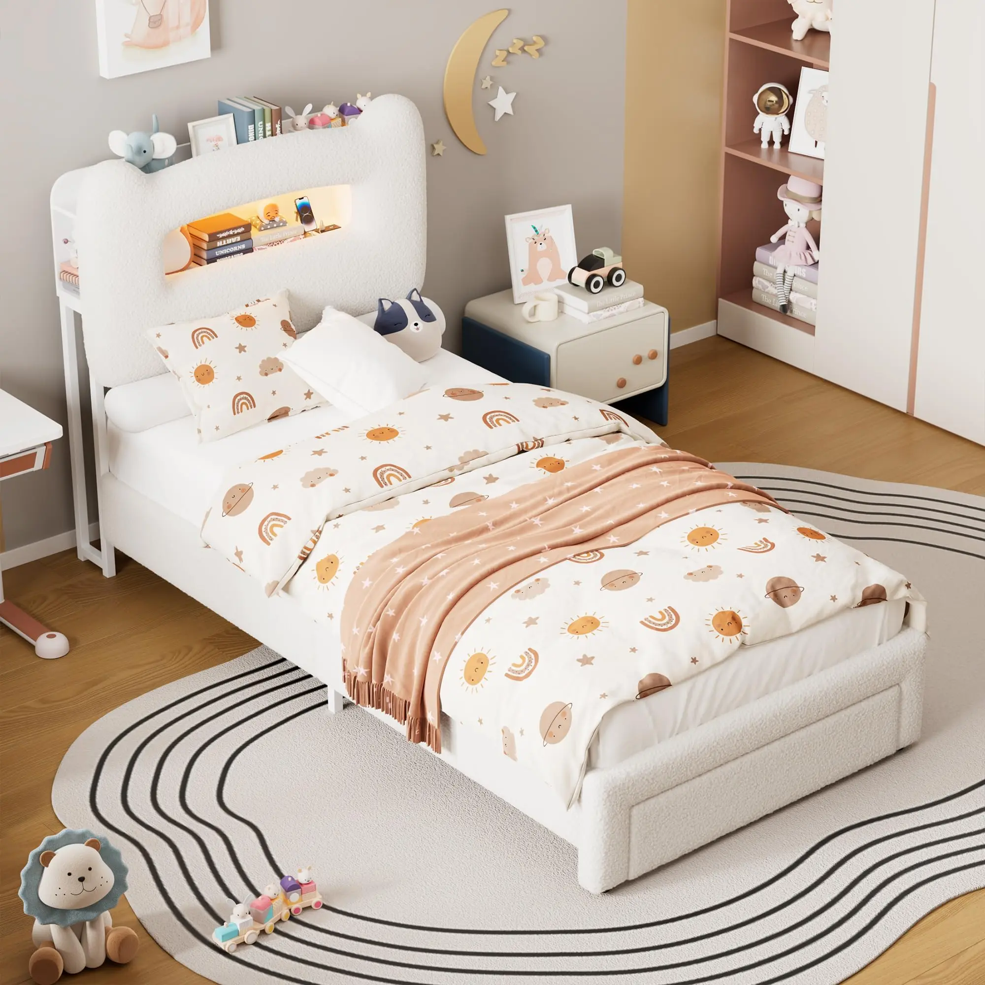 Cama Twin tapizada con cabecero de almacenaje de 2 niveles y luces LED integradas, base de plataforma con estación de carga y cajón de almacenamiento, estructura metálica resistente, ideal para dormitorios juveniles, sin necesidad de somier, diseño elegan