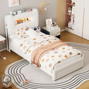 Cama Twin tapizada con cabecero de almacenaje de 2 niveles y luces LED integradas, base de plataforma con estación de carga y cajón de almacenamiento, estructura metálica resistente, ideal para dormitorios juveniles, sin necesidad de somier, diseño elegan