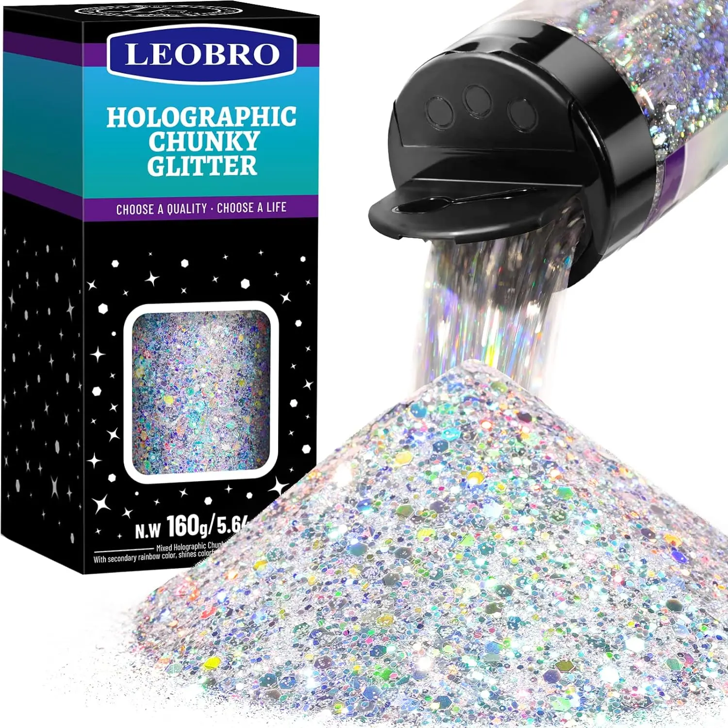LEOBRO Silver Holographic Chunky Hexagon Sequins Glitter, 160G/5.64OZ for Crafts, Resin, Nail Art, Enhances Body Art - Ideal for Birthday, Dress Party, Holiday Decorations, Jar