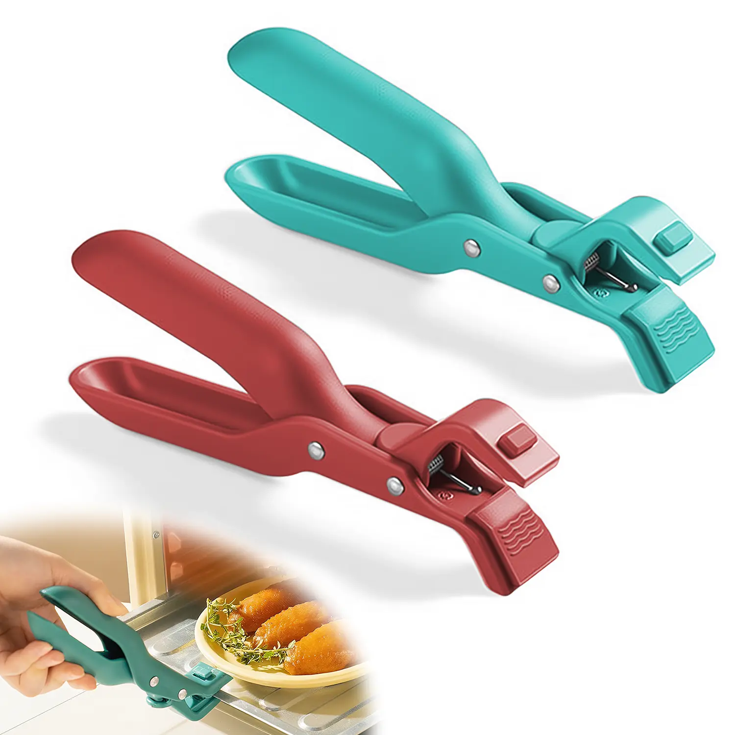 2 Counts Hot Plate Gripper, Multi-Purpose Anti-Scald Tool for Bowls, Plates, Pans, Serving as Holder, Clip, Tongs, Clamp in Kitchen Red & Green，Serving as Holder