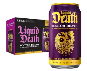 Liquid Death Soda-Flavored Sparkling Water - Doctor Death (Cherry, Cream, Spice), Less Sugar*, Huge Flavor, No Caffeine, No Artificial Sweeteners, 12 Fl Oz (Pack of 12)