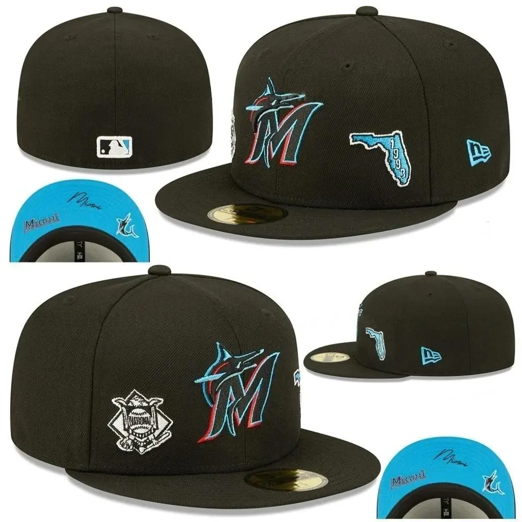 Miami Marlins Baseball Cap New Era 59FIFTY Fitted Hat MLB Flat Brim Cap Florida 1993 Side Patch Embroidered Marlins Logo Black Collection Heritage Edition Sports Headwear Unisex Premium Quality Streetwear Limited Edition Baseball Hat