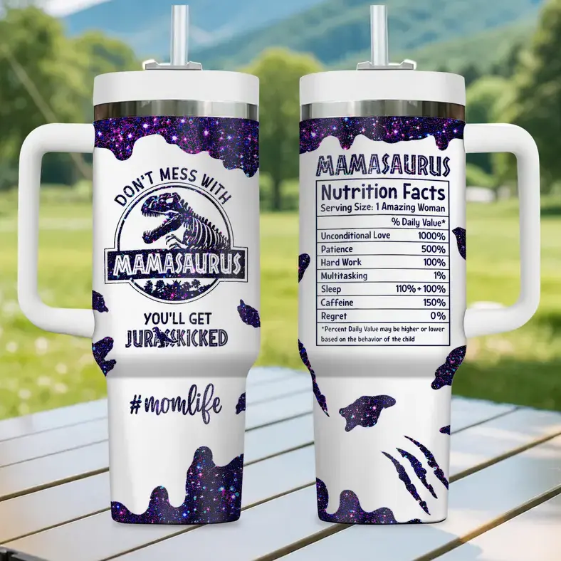 [Funny Mom Collection] Mamasaurus 40oz/20oz Tumbler with Handle & Straw, Stainless Steel Double Wall Vacuum Insulated Travel Mug, "Don't Mess with Mamasaurus You'll Get Jurasskicked" Edition, Keeps Drinks Hot & Cold, Fits Car Cup Holder, Gift for Moms