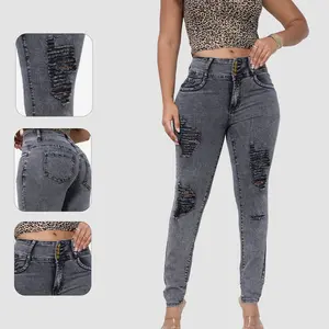 Women's High-Waisted Skinny Jeans with Ripped Details Hip-Lifting Stretch Denim Trousers Fit Womenswear Casual Blue Pants Streetwear