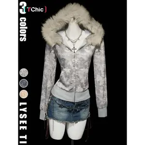 Women’s retro faux fur collar camouflage print autumn/winter long-sleeve regular fit hoodie
