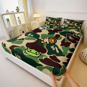 3Pcs BAPE ABC Camo Baby Milo & Friends Fitted Sheet Set,Trendy Streetwear Bed Sheet Set with Pillowcases,Soft & Breathable Microfiber Bedding,Stretchy Deep Pocket Fitted Sheet for Mattress,Perfect for Teens & Streetwear Fans Bedroom Decor
