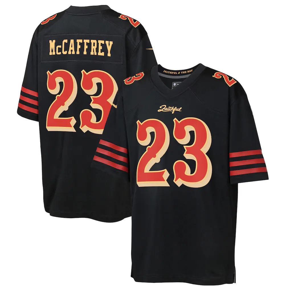 Trendy Football Season 2026 Full Logo Printed McCaffrey 23 Football Jersey Tee Shirt, Black 2025 Rivalries Game Jersey Football Tee, Alternate Custom Game Jersey, Sport Activewear for Men Women