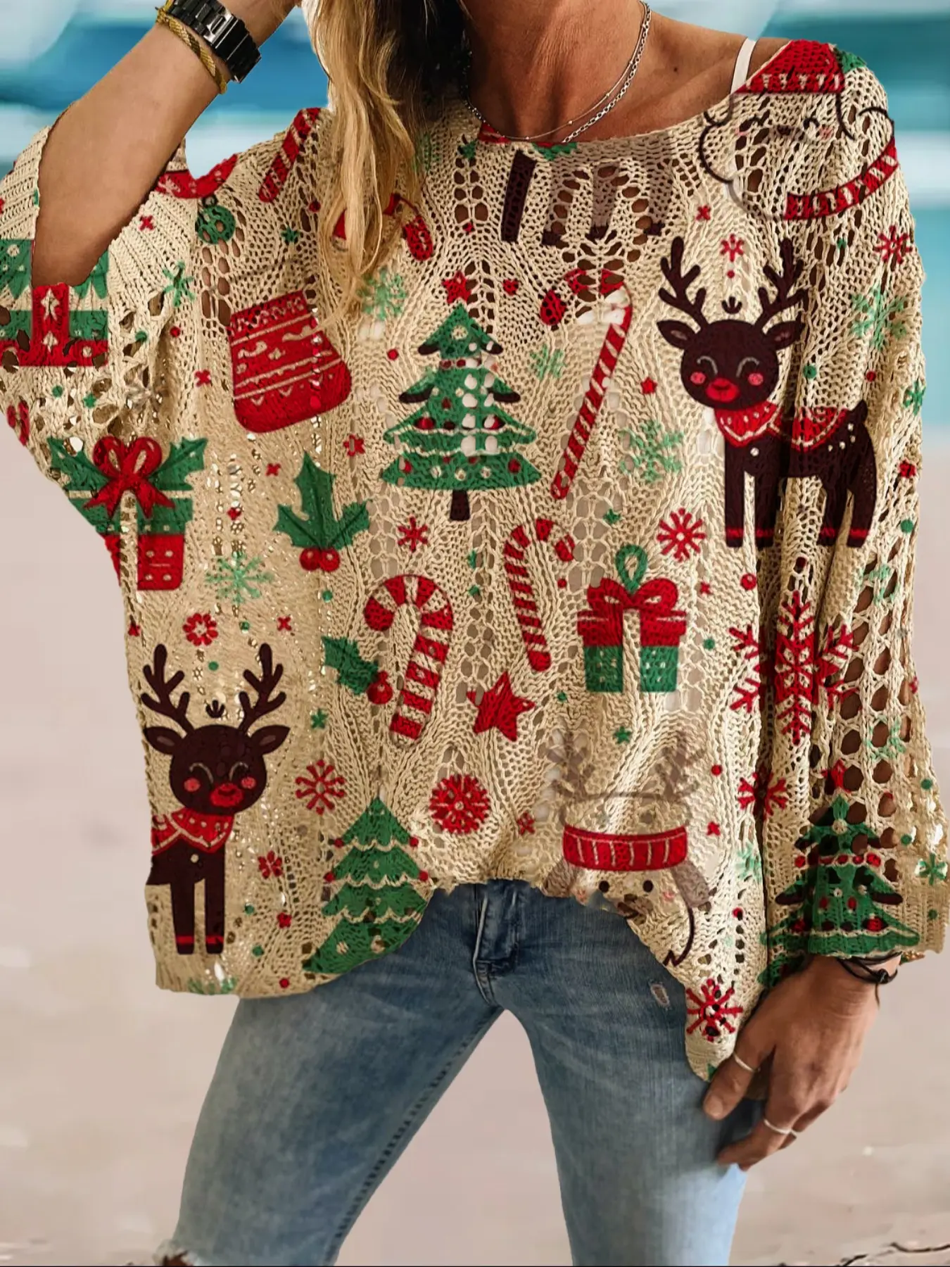 Women's Christmas Cartoon Print Long Sleeve Knit Top, Casual Elegant Vacation Style Sweater, Loose Batwing Shoulders, Spring Summer Fall