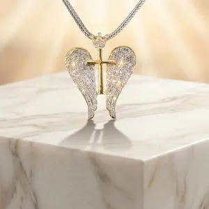 DiamondCelebritees Real 0.44ct Diamond 925 Sterling Silver CROSS with WINGS Necklace Yellow Pendant