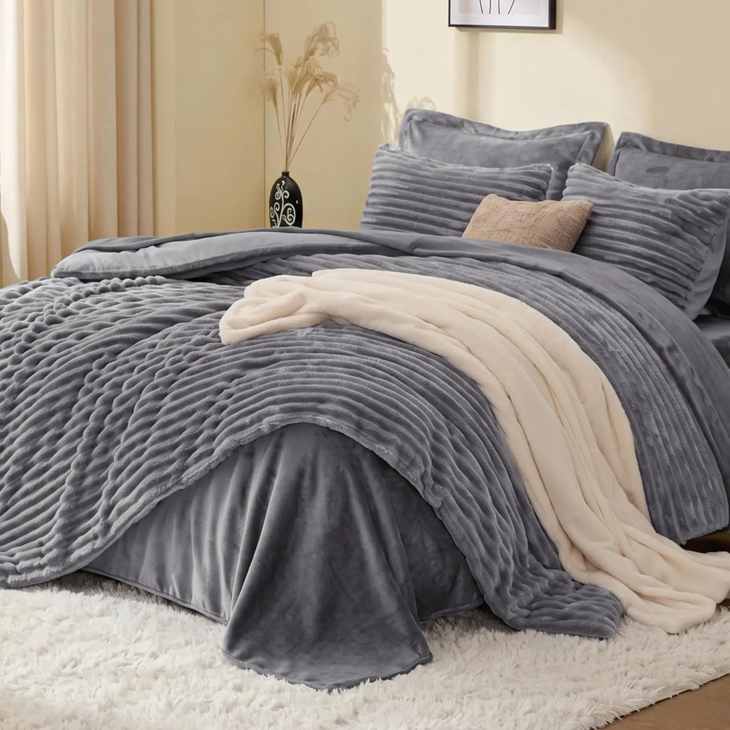 Fluffy Comforter Set Bed in a Bag for All Season, Bedding Sets with Comforter, Flat Sheet, Fitted Sheet, Pillowcase and Sham
