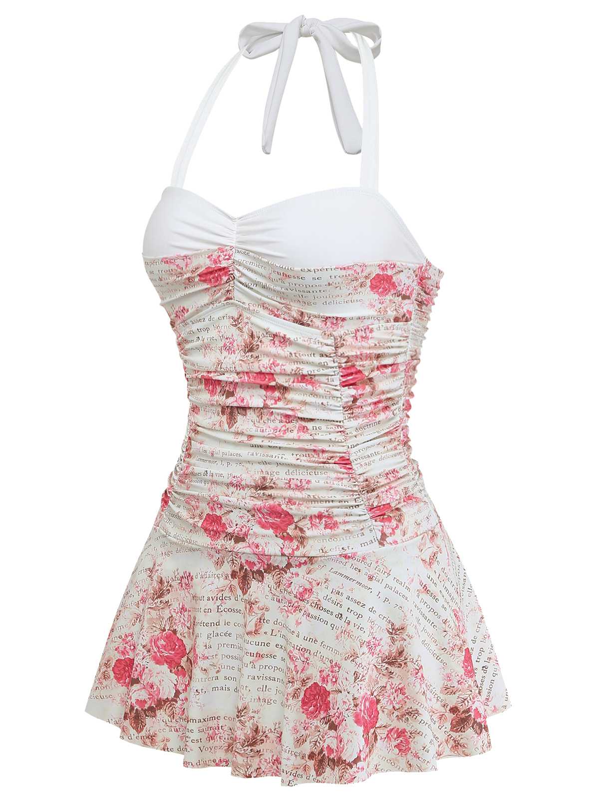1950s Halter Roses Ruched Tummy Control Swimdress