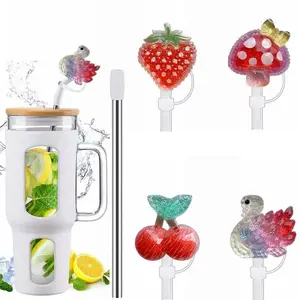 【WINSA】Resin straw cap Strawberry Cherry Swan Mushroom diy accessories Handmade high transparent Glitter cartoon AB glue straw cap
