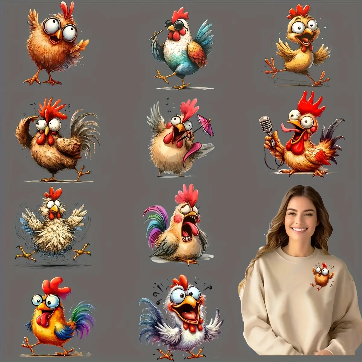 12pcs/set Funny DIY Chicken Designs for DTF Transfer Stickers, Washable Vinyl Heat Transfer Designs for Easy Application on T-Shirts, Masks, Jeans, And Backpacks