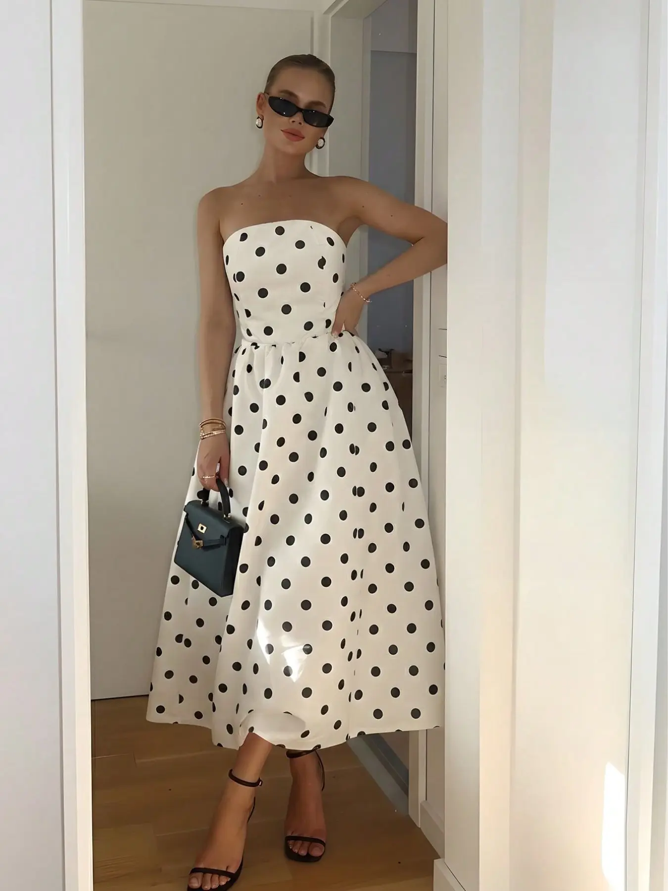 Women's French Hepburn Style Chic Elegant Polka Dot Bustier Dress Sleeveless, Summer Waist-Cinch Slimming Fit A-Line Long Dress, One-Shoulder Polka Dot Bustier Gown Womenswear