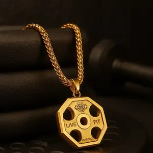 U7 Sport Jewelry Stainless Steel Men Fitness Barbell Gym Necklace Creative Design Gold Chain Pendant