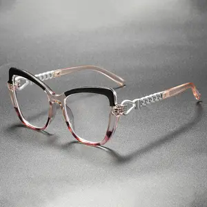 Color-block Cat Eye Optical Glasses, Rhinestone Chain Decor, Blue Light Blocking Non-prescription Frames, Slimming Fashion Eyewear BL929