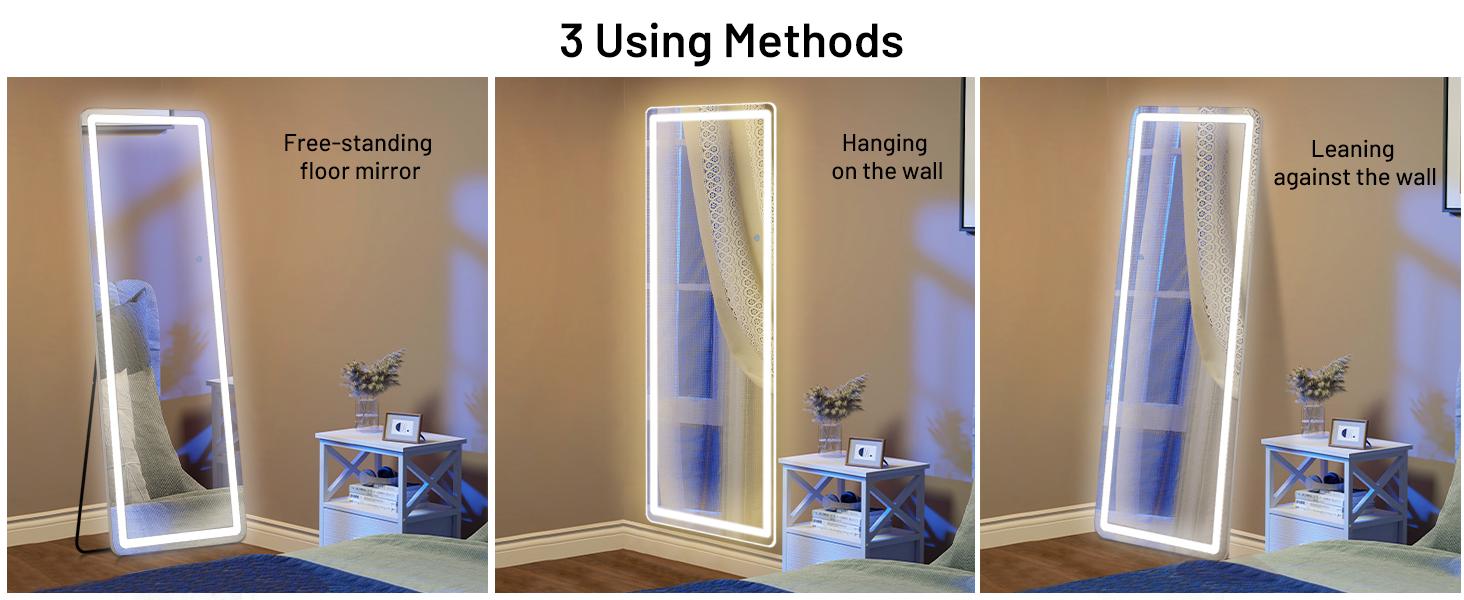 [LIVE4] 64"x21" Floor Mirror with Stand, Mirror Full Length Standing with LED Lights,  w/Dimming & 3 Color Lighting, Wall Mirror Aluminum Alloy Frame