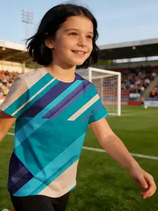 girl child jersey Blue Purple White Diagonal Stripes Pattern Design Breathable, light and comfortable short-sleeve T-shirt cute summer texture casual top daily wear Comfort training sports quick-dry summer