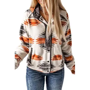 Womens Fleece Jacket Western Aztec Print Long Sleeve Snap Button Down Shacket Jackets with Pockets