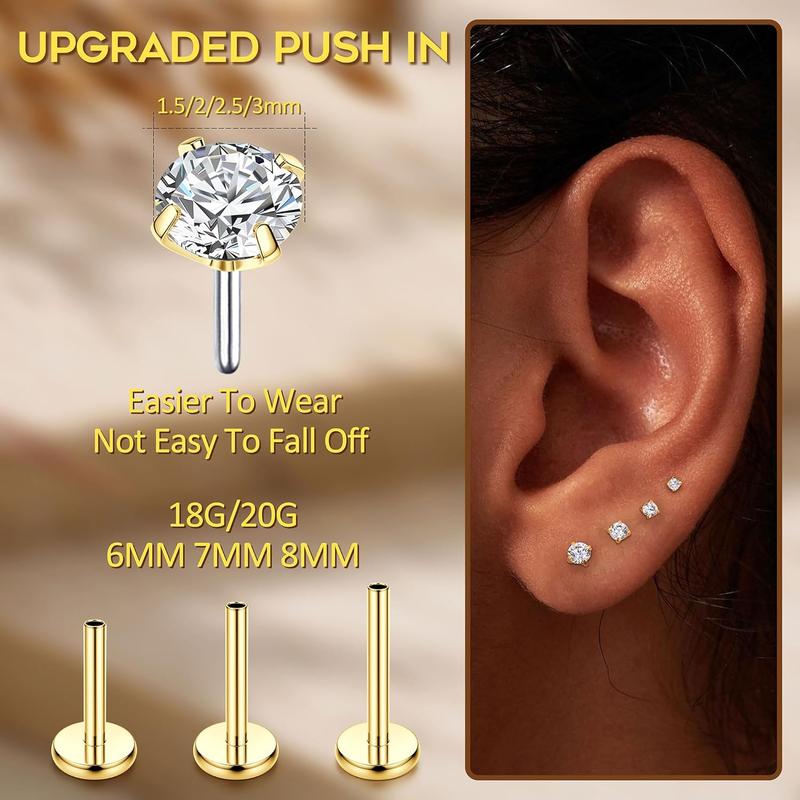 14K Gold Nose Studs For Women 316L Surgical Steel Threadless Nose Ring Lip Studs Push In Flat Back Stud Earrings Cz Nose Nostril Tragus Helix Body Piercing Jewelry Silver Gold 20G 18G