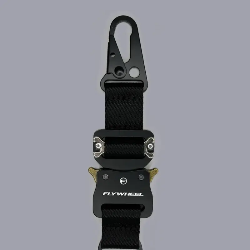 FlyWheel Harness Keychain - Black Strap with Adjustable Buckle and Clip, Designed for Versatile Use