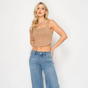 FREE JUNNS (019) | Ribbed Nude Square-Neck Cropped Seam Detail Tank Top