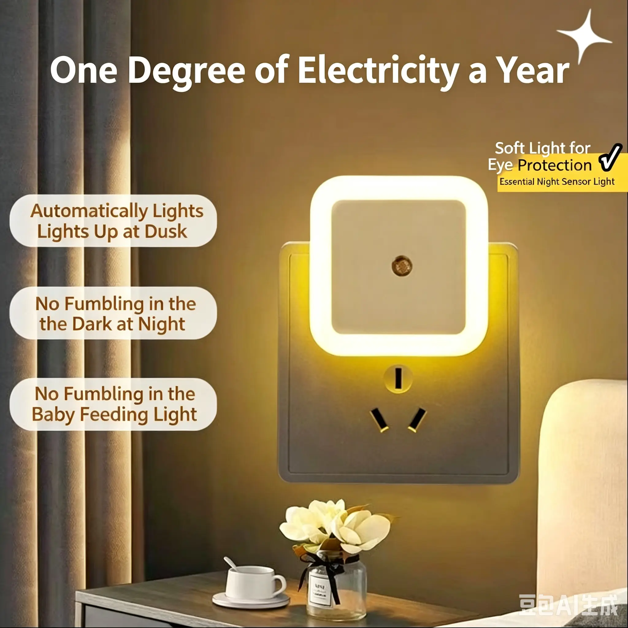 Plug-in Induction Night Light, LED Dimmable Wall Lamp for Bedroom, Bedside Baby Kids Sleep Energy Saving Night Lamp，You'll receive exactly 6 pcs